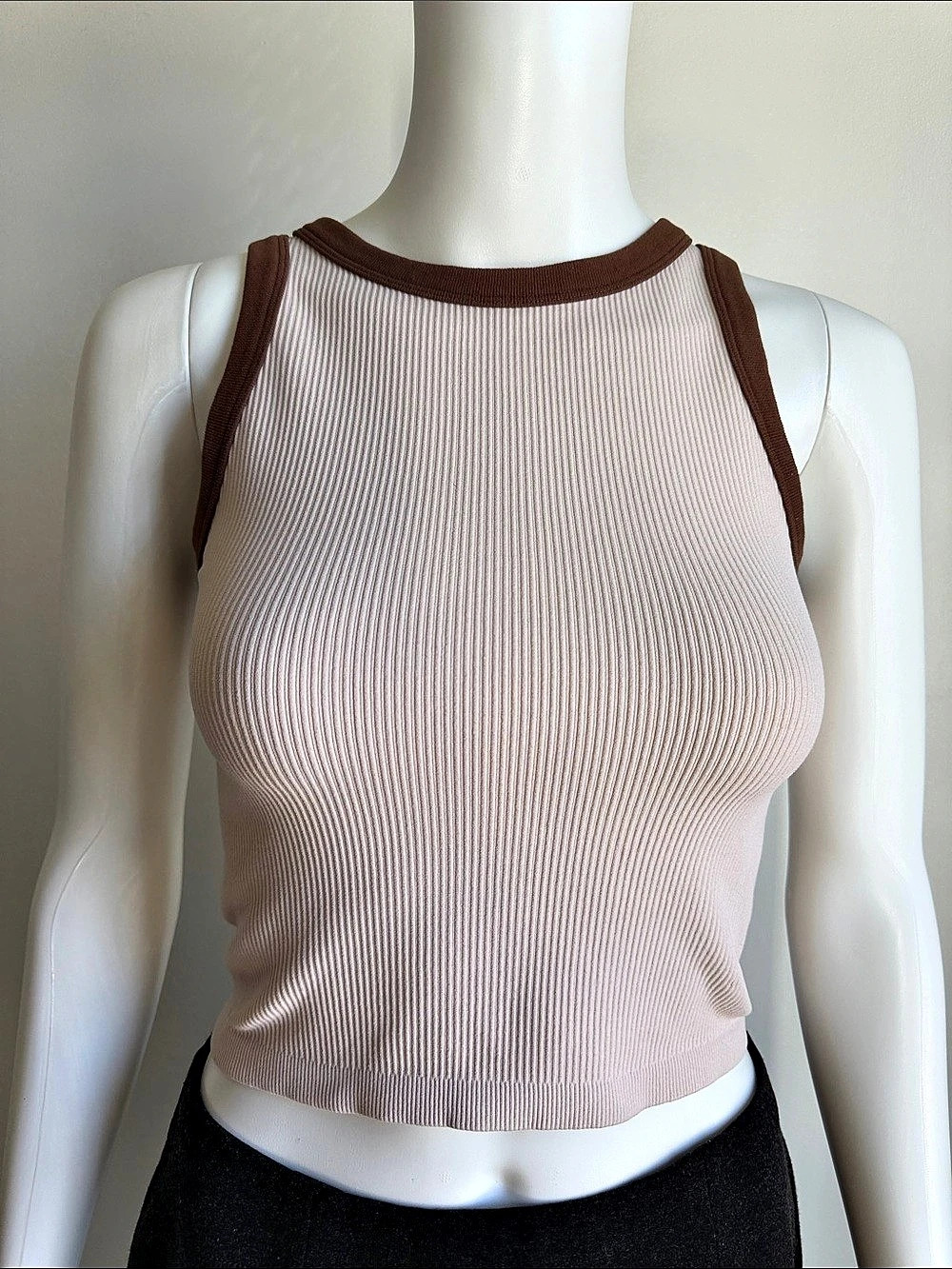 ZJCT Ribbed Contrast Trim Cropped Tank Top Pink Brown Size Medium